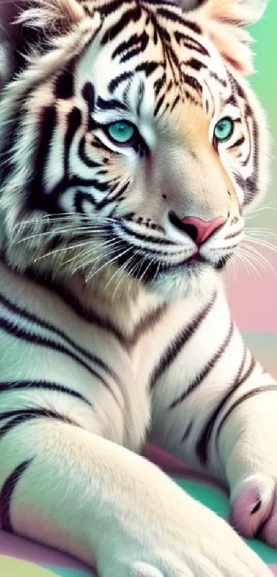 Vivid white tiger on pastel background, striking and elegant imagery.