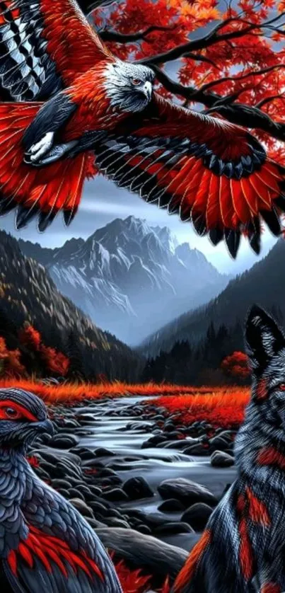 Vibrant mountain wildlife with red foliage in autumn.