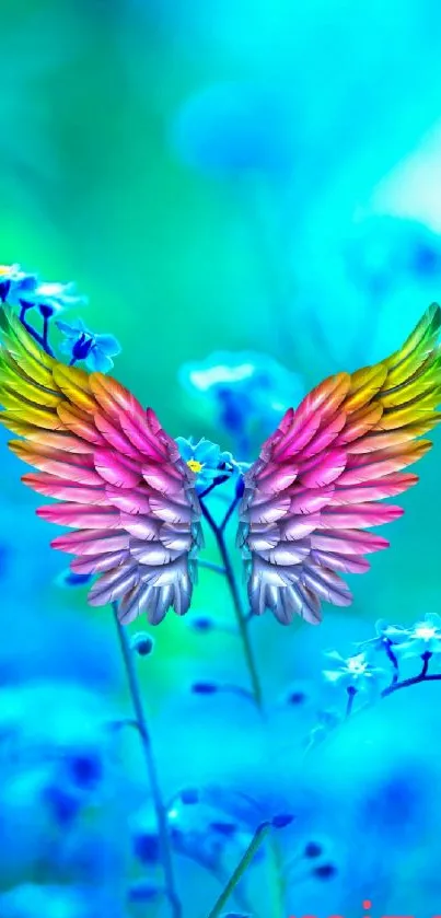 Colorful wings against a blue floral background.