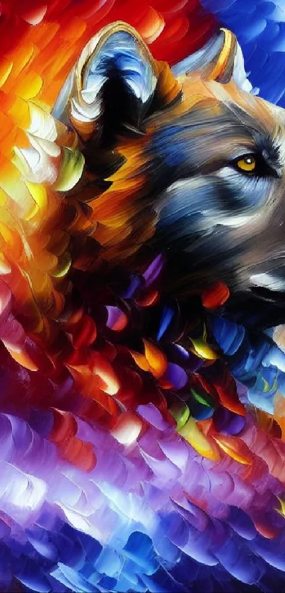 Vivid mobile wallpaper featuring a wolf in colorful abstract art style.