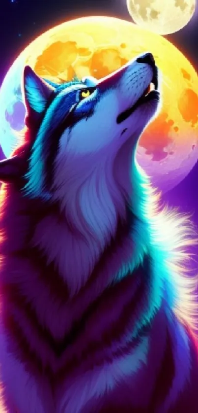Vibrant illustration of a wolf howling at colorful moons in a purple night sky.