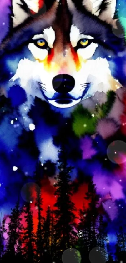 Colorful watercolor wolf with forest scene.