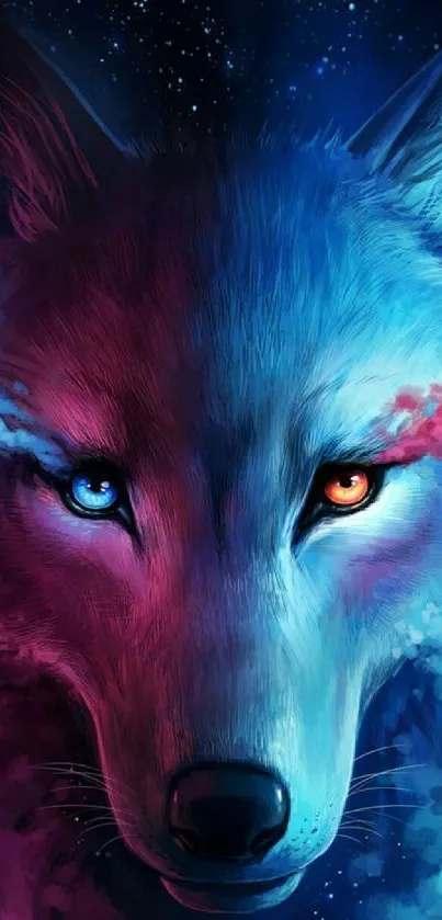 Vibrant blue and pink wolf art wallpaper, perfect for mobile background.