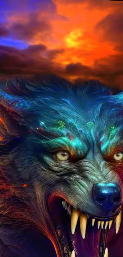 Vivid digital artwork of a fierce wolf with vibrant colors and fantasy elements.