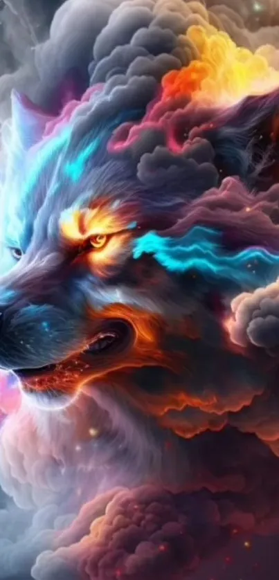 Vivid artwork of a wolf surrounded by colorful cosmic clouds.