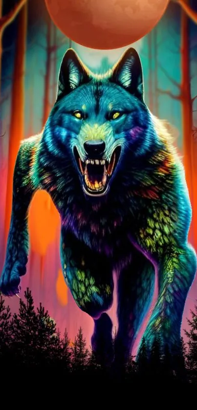 Neon-colored wolf running in a vibrant forest.