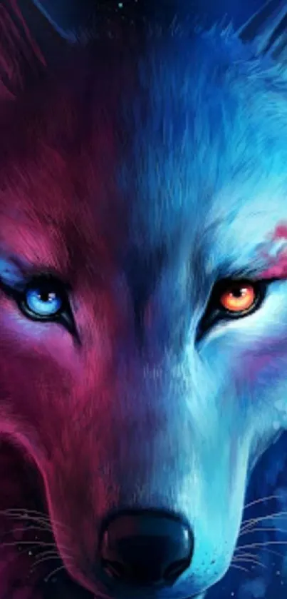 Mystical wolf with vibrant blue and pink hues in abstract design.