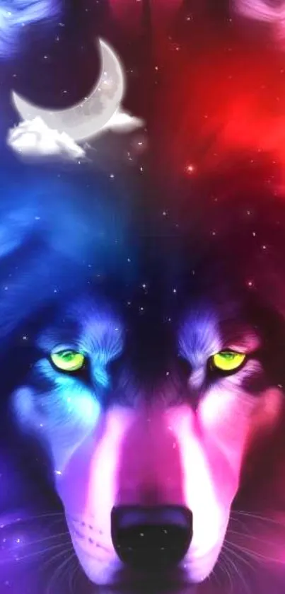 Vivid wolf face with colorful moon and galaxy theme wallpaper.