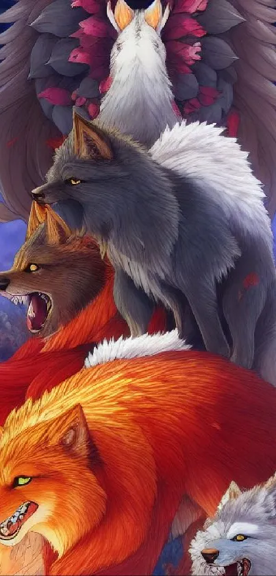 Vivid and artistic wolf pack mobile wallpaper with colorful details.