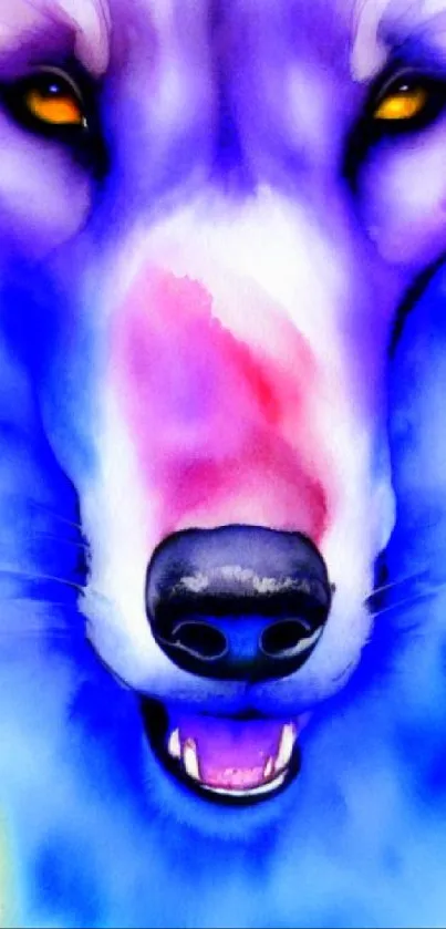 Vibrant watercolor painting of a wolf face in blue and purple hues.