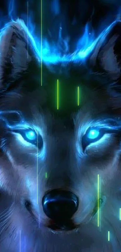 Blue-flamed wolf with glowing eyes wallpaper.