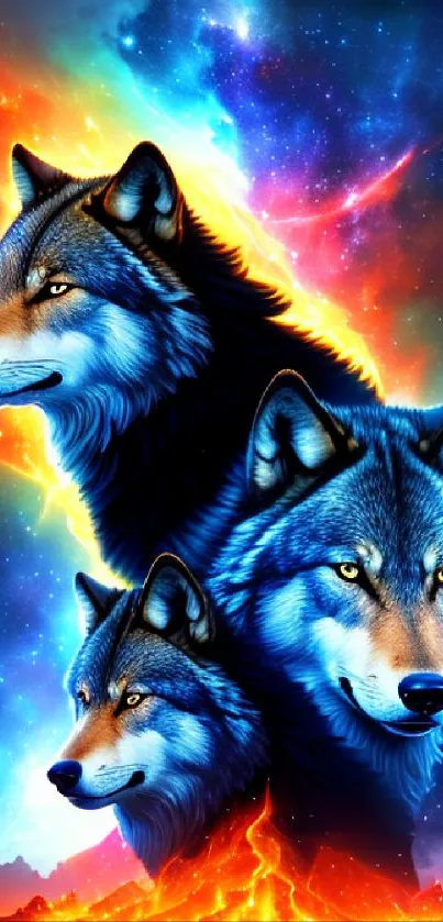 Three majestic wolves with cosmic galaxy backdrop in vibrant colors.