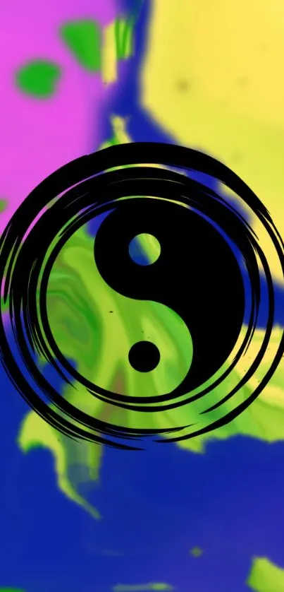 Colorful Yin Yang wallpaper with vibrant hues of purple, green, and blue.