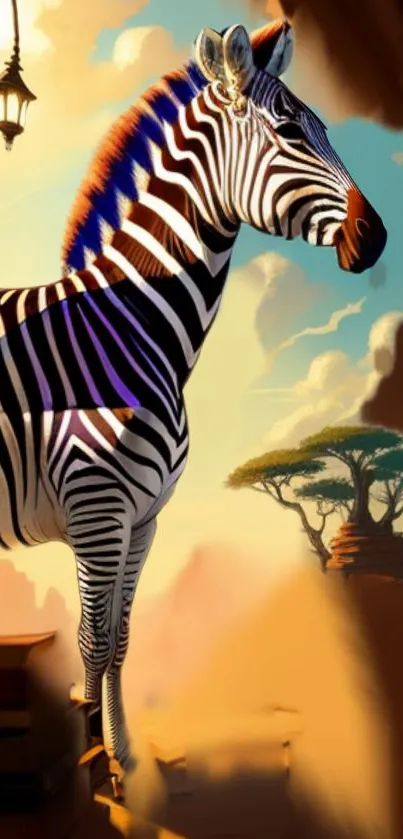 Vivid zebra standing in surreal landscape.