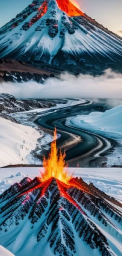 Volcanic eruption in snowy mountains at sunset with lava flow.