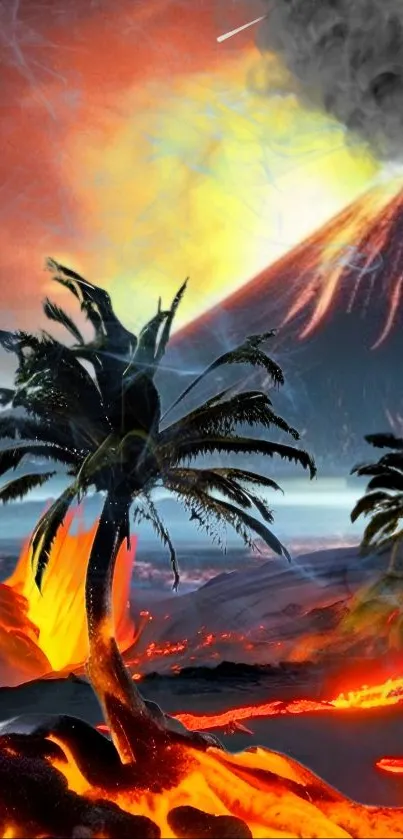 Vibrant volcanic eruption with lava and tropical scenery.