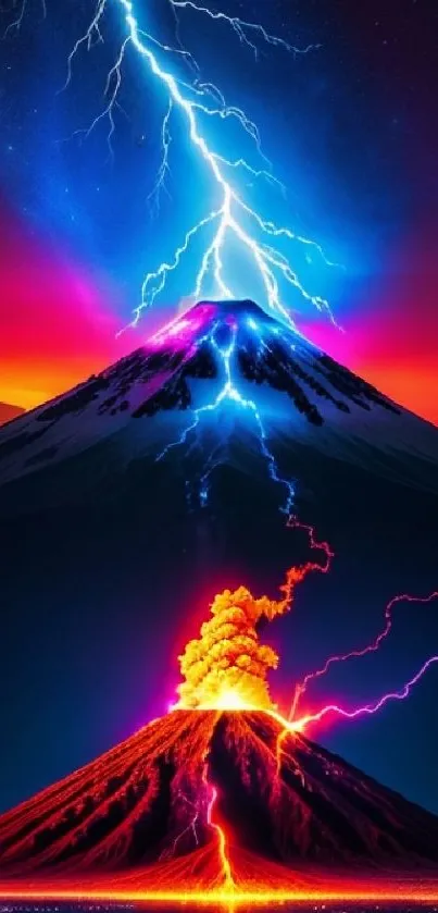 Vibrant volcanic eruption with lightning under a colorful night sky wallpaper.