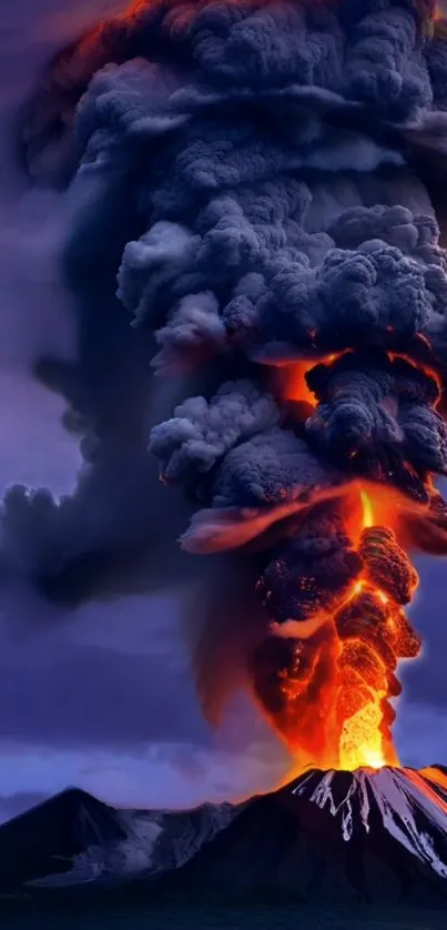 Fiery volcanic eruption with smoke clouds.