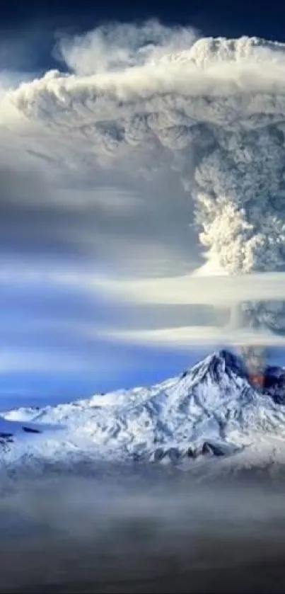 Volcanic eruption with ash clouds over snowy mountains.