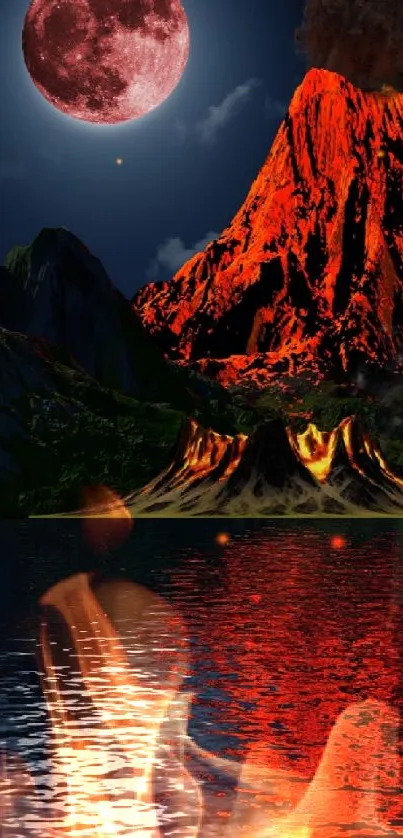 Volcanic eruption under a red moon with fiery reflections on the water.