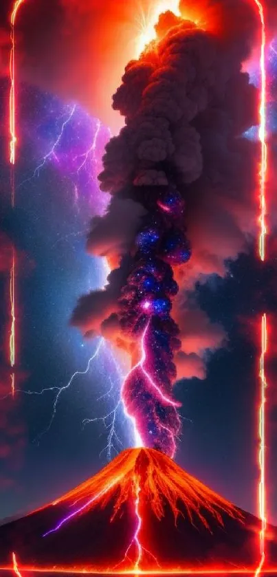 Volcanic eruption with vibrant lava and lightning against a night sky.