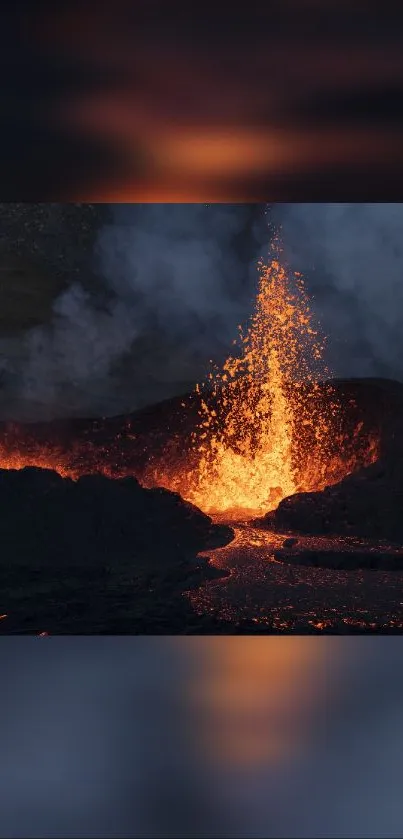 Dynamic orange volcanic eruption with flowing lava.