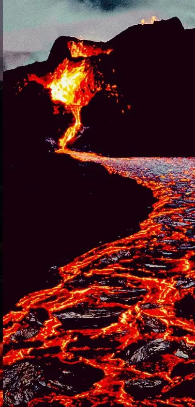 Fiery lava flowing down volcanic mountain.