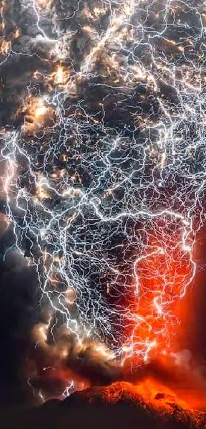 Volcanic eruption with lightning in vibrant red and white hues.