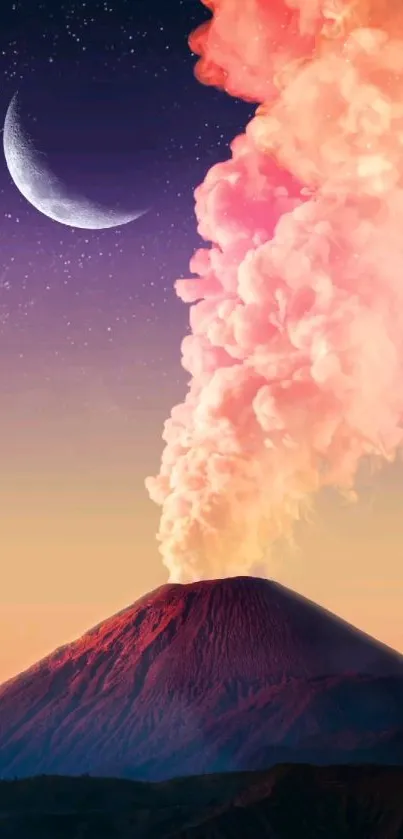 Erupting volcano under crescent moon night sky, vivid red and purple shades.