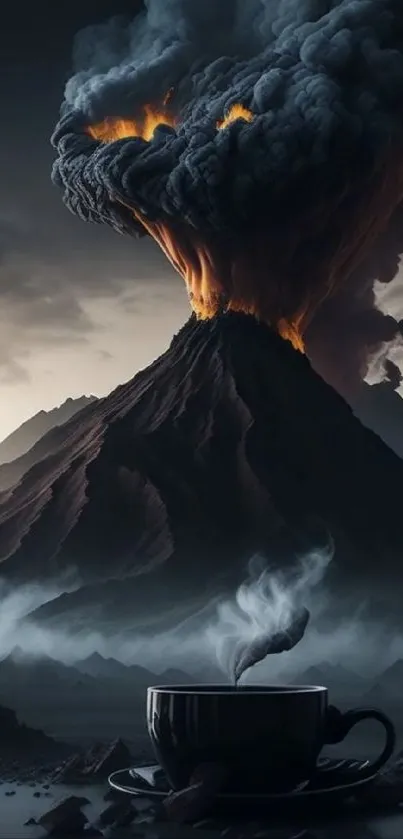 Volcano and coffee cup artistic wallpaper with dark and fiery elements.