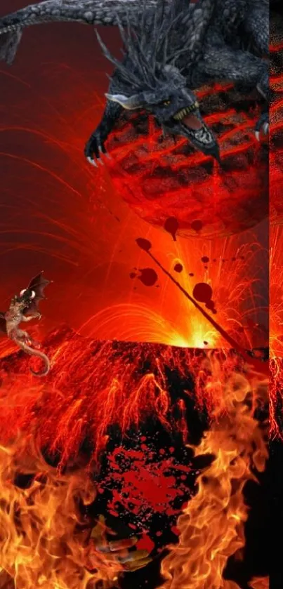 Dramatic volcano eruption with fiery lava and a mysterious planet.