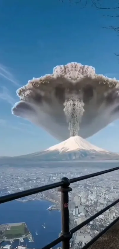 Dramatic view of a volcanic eruption over Mount Fuji with a city below.