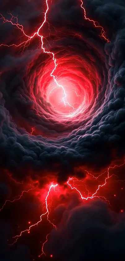 Crimson vortex with lightning striking through dark clouds wallpaper.