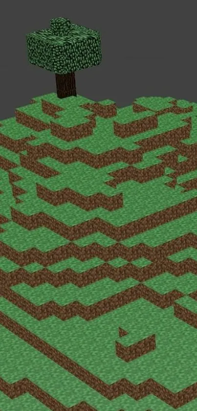 Voxel-style landscape with a single tree on a blocky terrain.