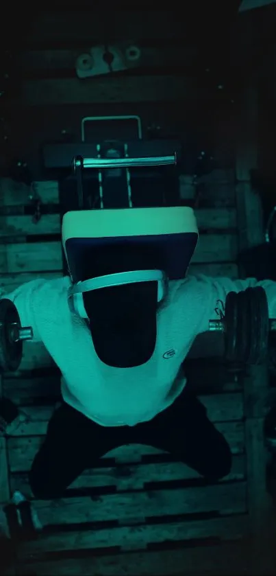 Person exercising with VR and dumbbells in a gym environment.