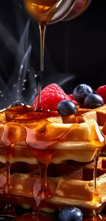 Waffles with syrup and berries on top, perfect breakfast treat.