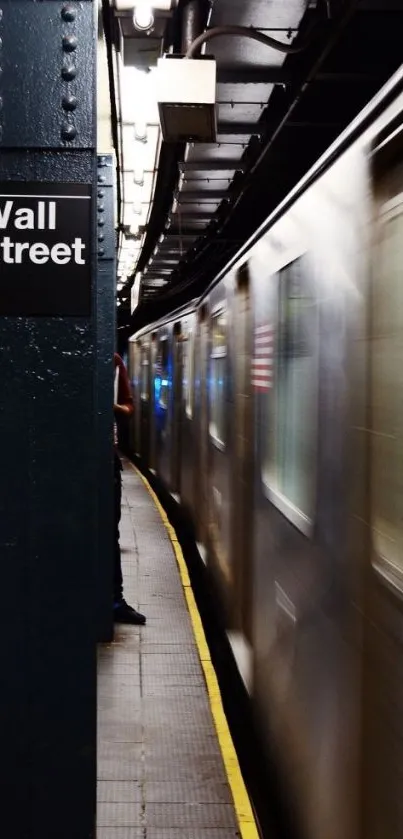 Wall Street subway station with moving train.