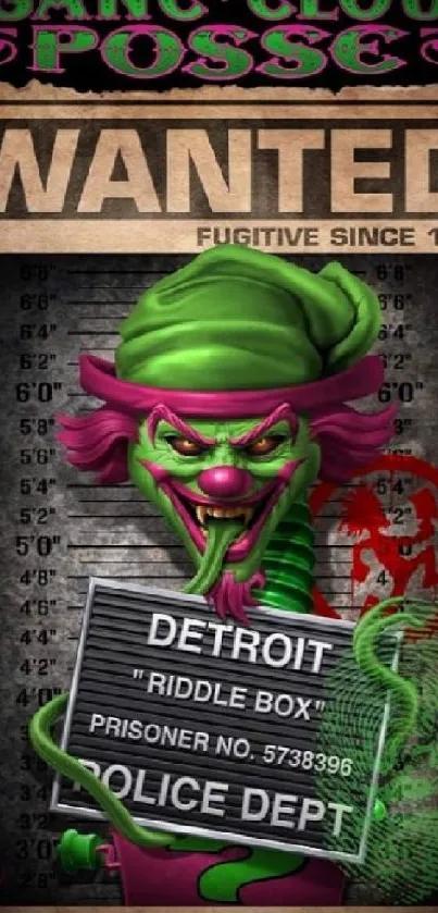 Vibrant joker on a wanted poster with bold colors and intriguing design elements.