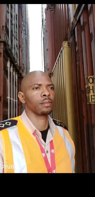 Warehouse worker in yellow vest between red containers.