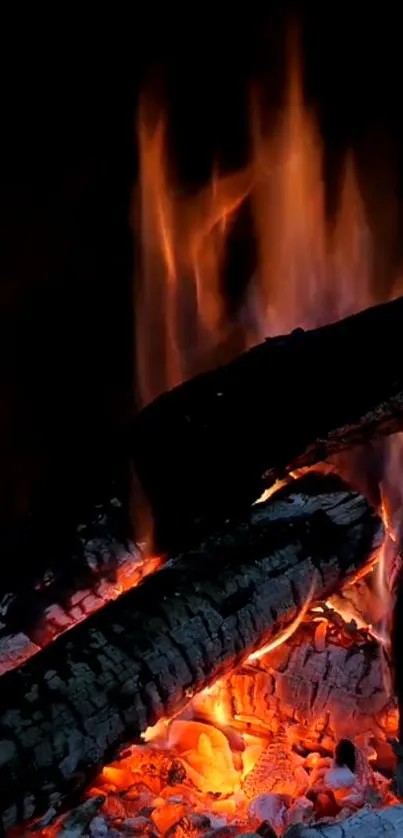 Cozy fireplace with glowing orange flames and logs, perfect for fall and winter.