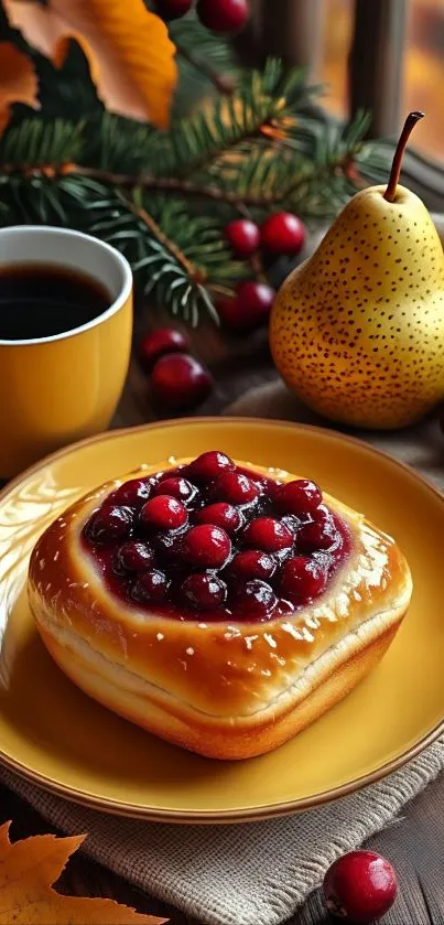Autumn breakfast scene with coffee, pastry, and pears on a table.