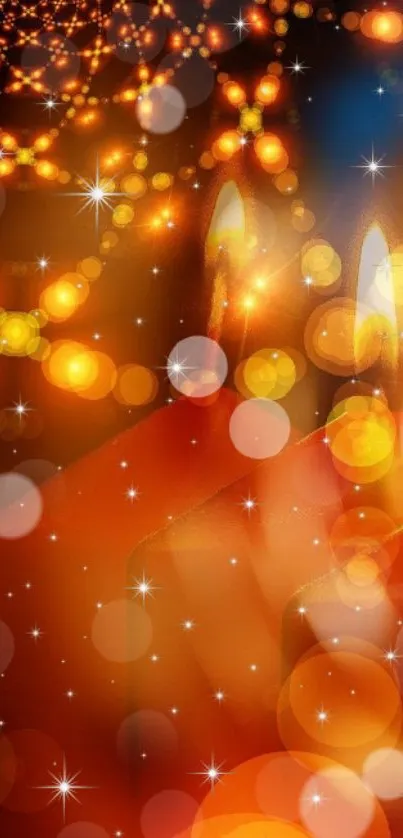 Warm orange bokeh effect with glowing candles and sparkling stars.