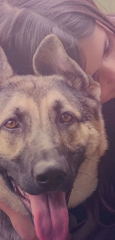 A girl lovingly hugs a German Shepherd dog, showcasing a warm bond.