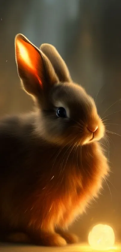 A cozy bunny illuminated by a warm glowing light in a mystical setting.