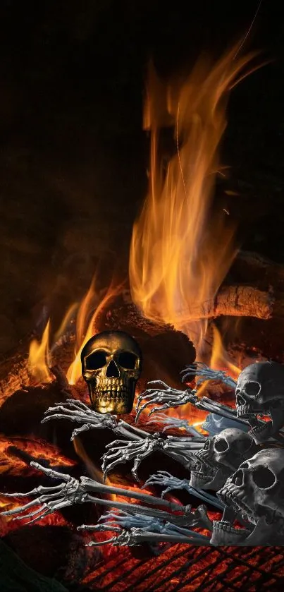 Mobile wallpaper featuring a warm, glowing campfire at night.