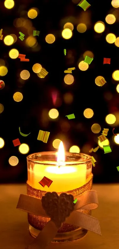 Warm candle with bokeh lights in the background creates a festive ambiance.