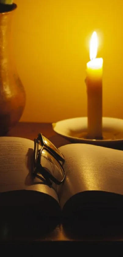 Warm candlelit scene with open book.