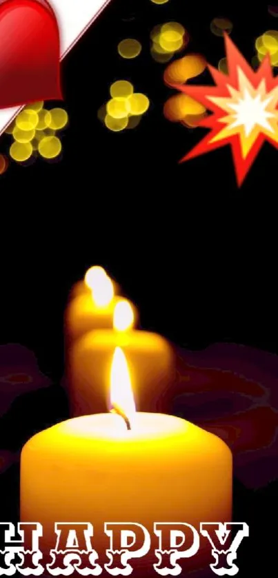 Warm candlelight wallpaper with a glowing candle, vibrant hearts, and a happy vibe.