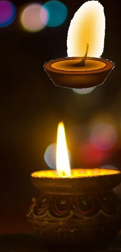 Candlelight against a colorful bokeh background.