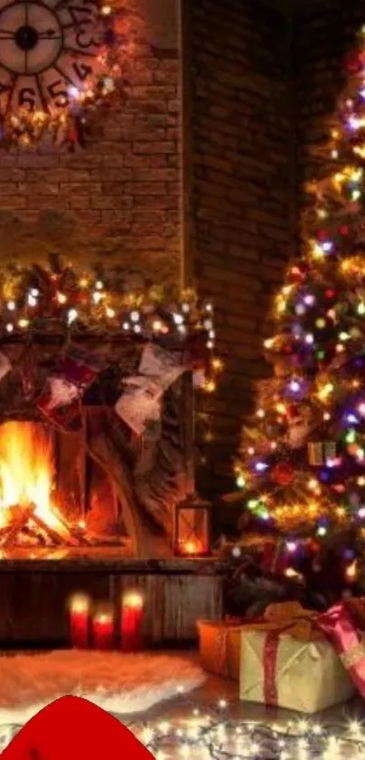 Cozy Christmas fireplace with decorated tree.